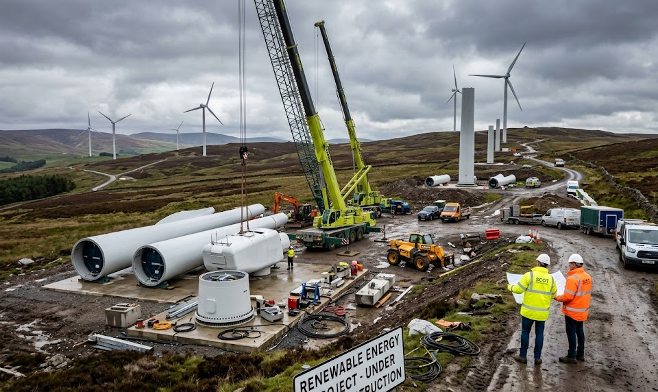 Wind farm construction site with cranes, turbines, and workers building renewable energy infrastructure on a cloudy day.