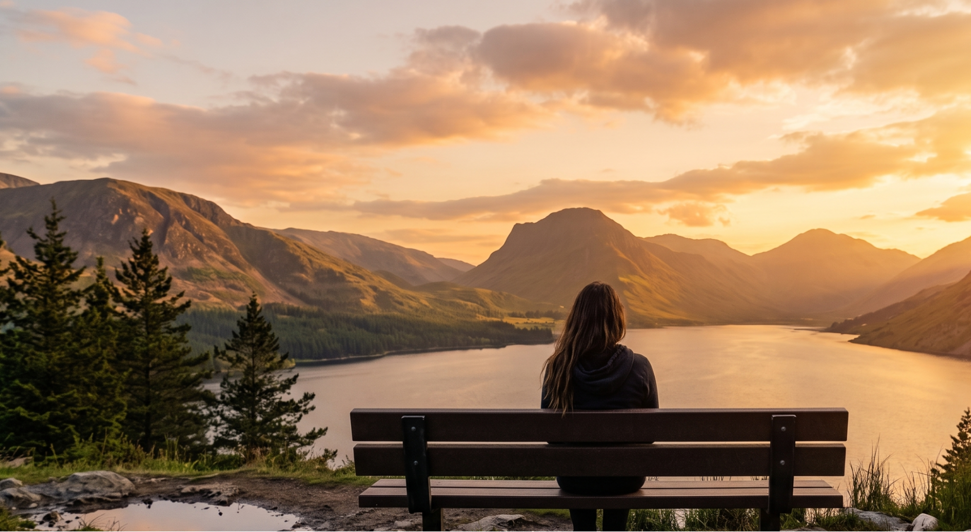 Person on bench overlooking serene lake and mountains at sunset, surrounded by nature and tranquility